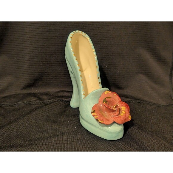 1952 Ceramic Light Blue w Red Rose & Gold High Heel Shoe by Kozaks Yankton SD - Picture 2 of 10